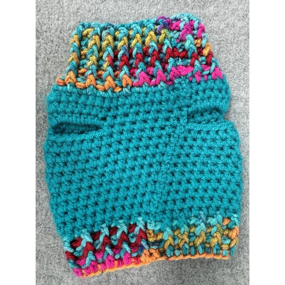 Dog Sweater & Hat Set Small Teal Multicolor‎ Handmade Crochet Pom Pom Puppy